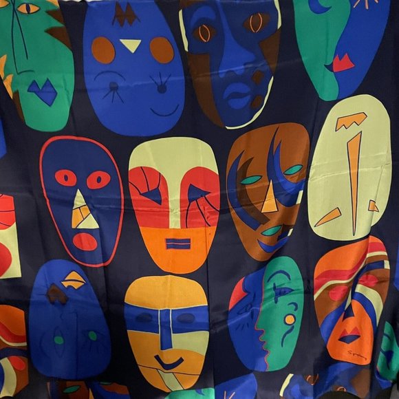 Designer Symphont Faces MASKS Blue Green Red Orange Yellow 35" Crepe Silk Scarf - Picture 1 of 2